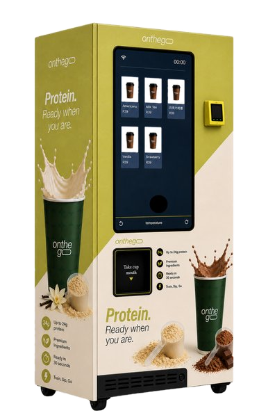 OnTheGo protein shake vending machine with chartreuse green branding